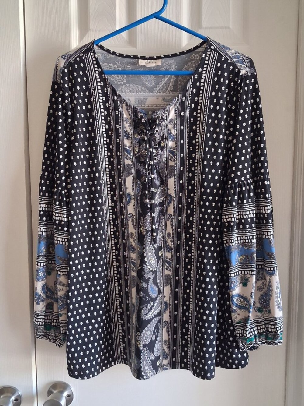 Women's Style & Co Sz XL Black & Blue Paisley Bohemian Shirt Lace Up Front Tie
